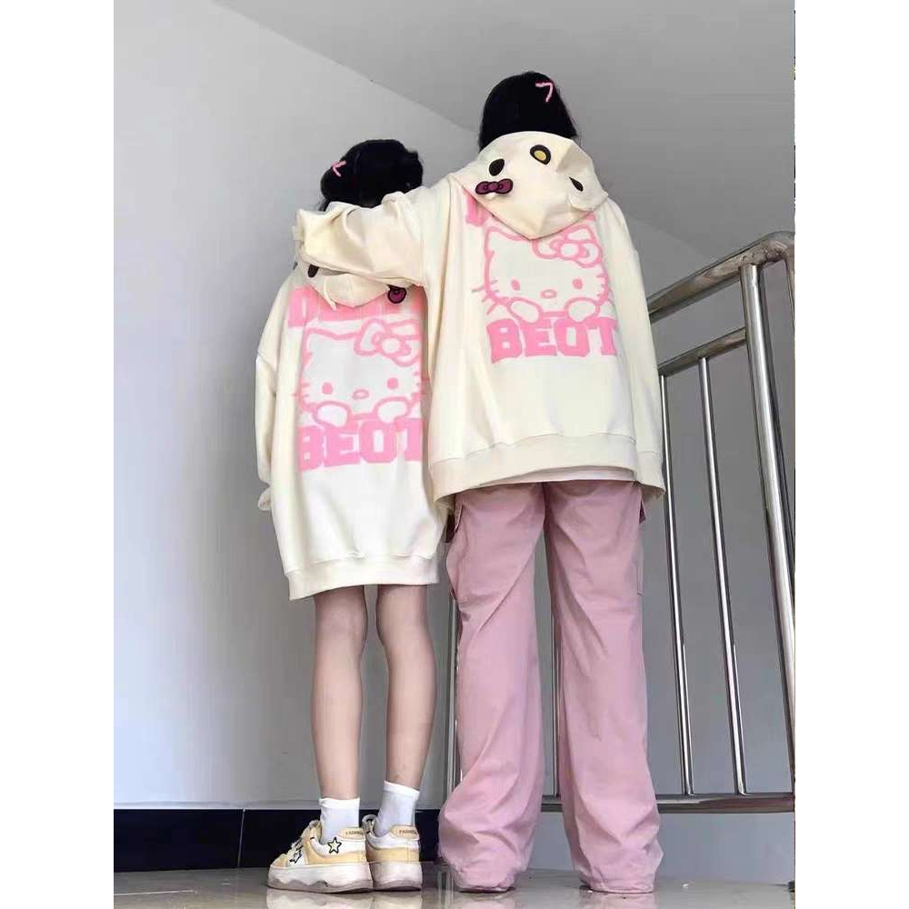 Áo khoác cardigan cotton nguyên chất có mũ trùm đầu dây kéo họa tiết Kitty Katty oversize cho cặp đôi