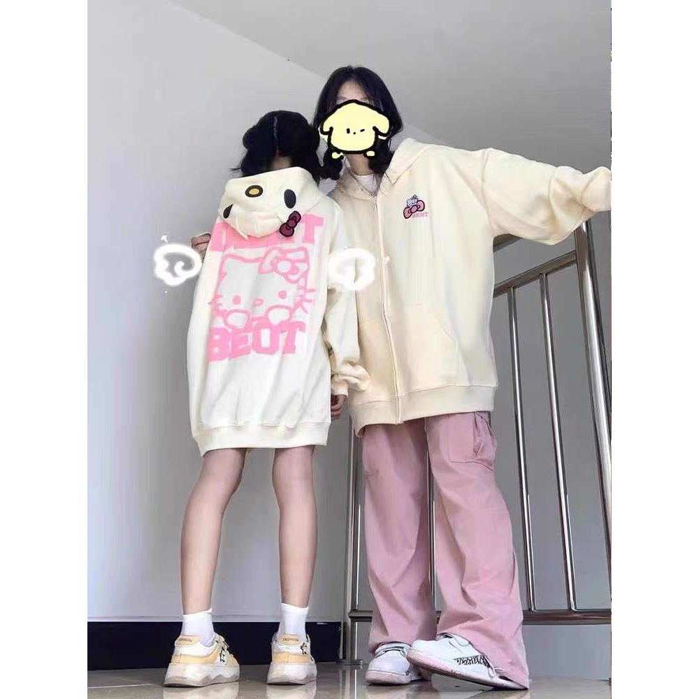 Áo khoác cardigan cotton nguyên chất có mũ trùm đầu dây kéo họa tiết Kitty Katty oversize cho cặp đôi
