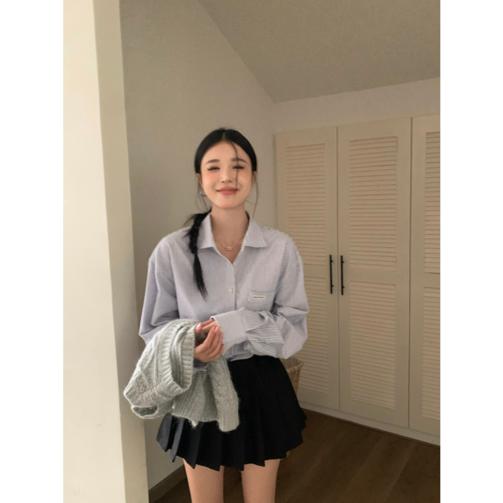 🍓Design sense loose stripe shirt sweater Fried Dough Twists vest cardigan