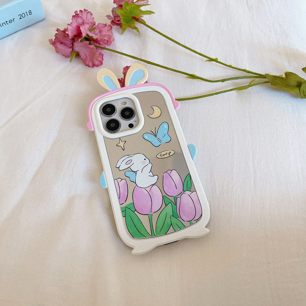 Phù Hợp Ốp Điện Thoại silicone Mềm Mặt Gương in Hình Hoa tulip 2 Trong 1 Cho iphone 15 pro max 14 pro 13 pro max 12 pro 11