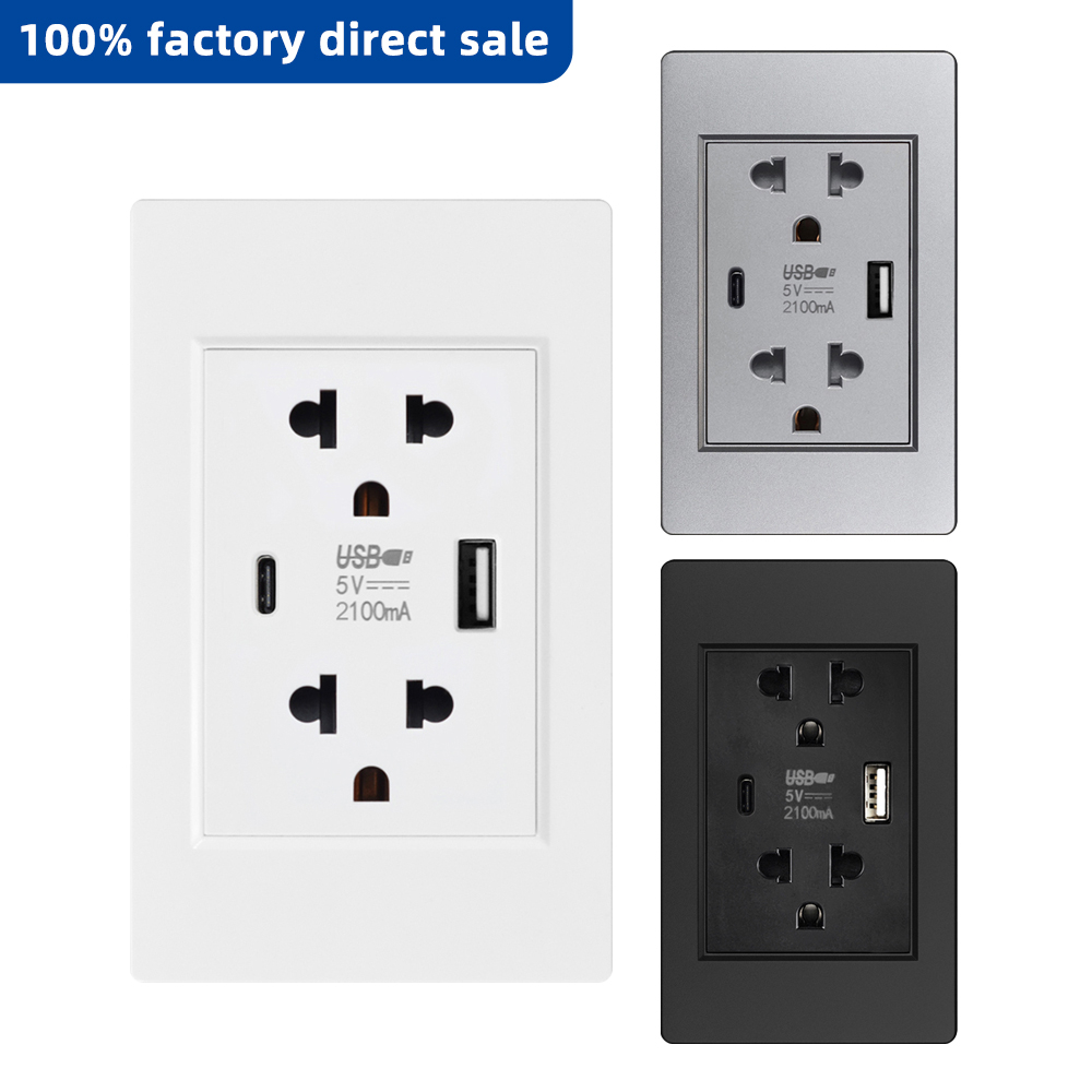 VISWE ổ điện ổ cắm điện usb type c tường đôi Tiêu chuẩn Thái Lan với cổng sạc USB Type-C 5V 2.1A, Bảng điều khiển nhựa ổ cắm đa chức năng