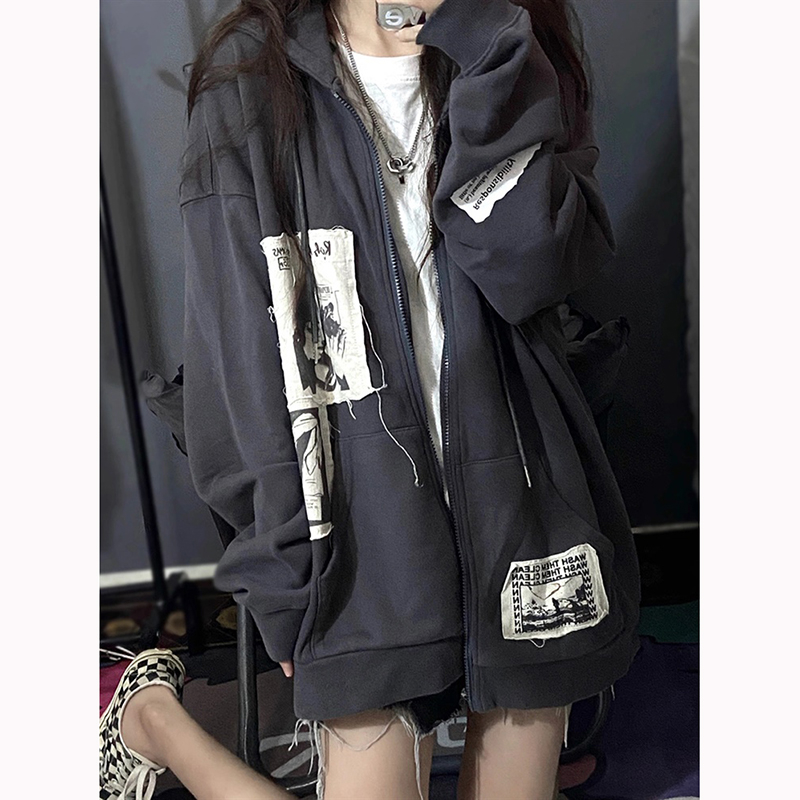 Áo Khoác Cardigan Khóa Kéosweater Mỏng Dáng Rộng Có Mũ Khóa KéoTrùm Kiểu retro Mỹ Thời Trang Thu Đông Cho Nữ Thẻ