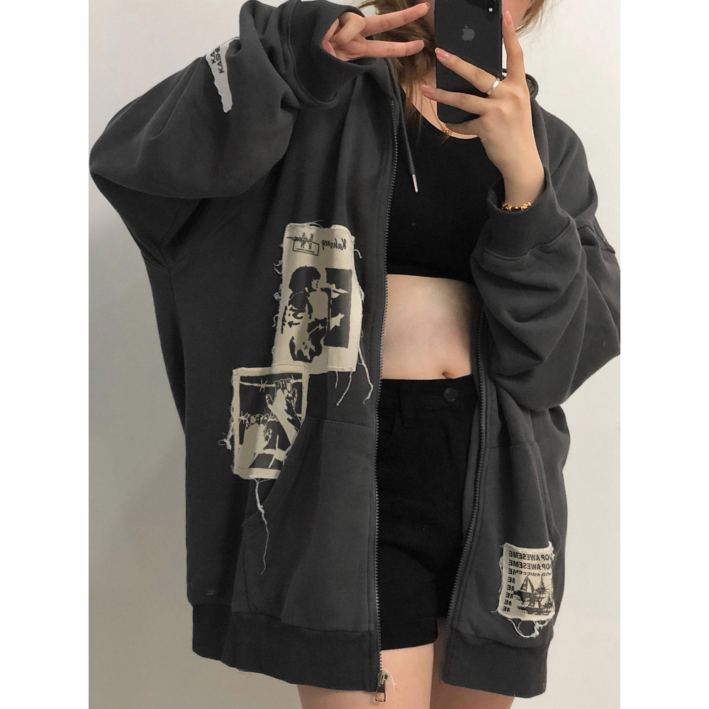 Áo Khoác Cardigan Khóa Kéosweater Mỏng Dáng Rộng Có Mũ Khóa KéoTrùm Kiểu retro Mỹ Thời Trang Thu Đông Cho Nữ Thẻ