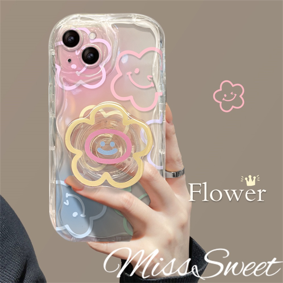 With Stand Compatible For iPhone 15 14 13 12 11 Pro Max X XR Xs Max 8 7 6 6s Plus SE 2020 Colorful Smiley Flower TPU Straight Edge Wavy Pattern Soft Phone Case