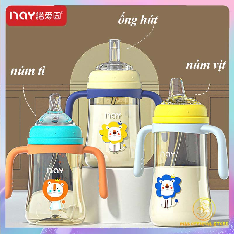 Bình sữa  PPSU cổ rộng chống sặc dung tích  300ml kèm tay cầm van chống sặc, Bao gồm núm ti và ống hút