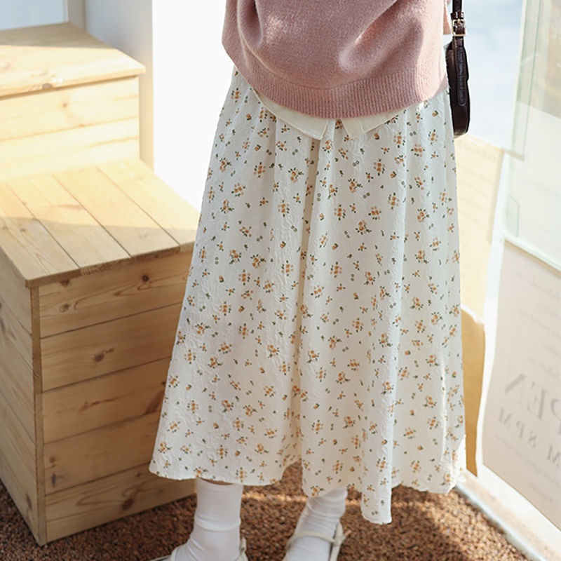 ZHELIHANGFEI Chân Váy Dài Dáng Chữ a Lưng Thun Họa Tiết Hoa Xinh Xắn Cho Nữ