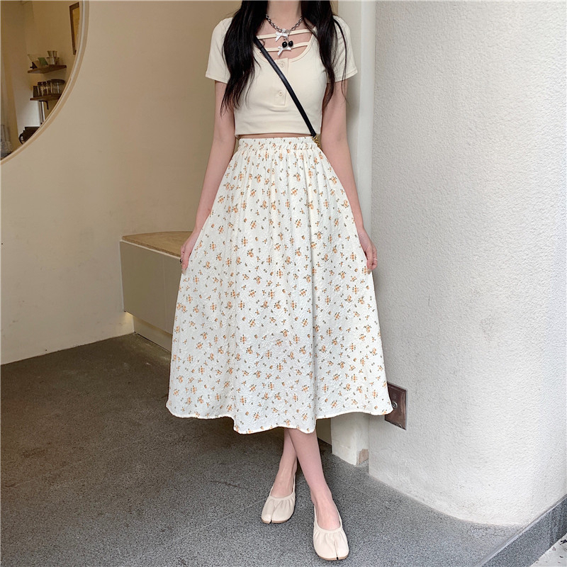 ZHELIHANGFEI Chân Váy Dài Dáng Chữ a Lưng Thun Họa Tiết Hoa Xinh Xắn Cho Nữ