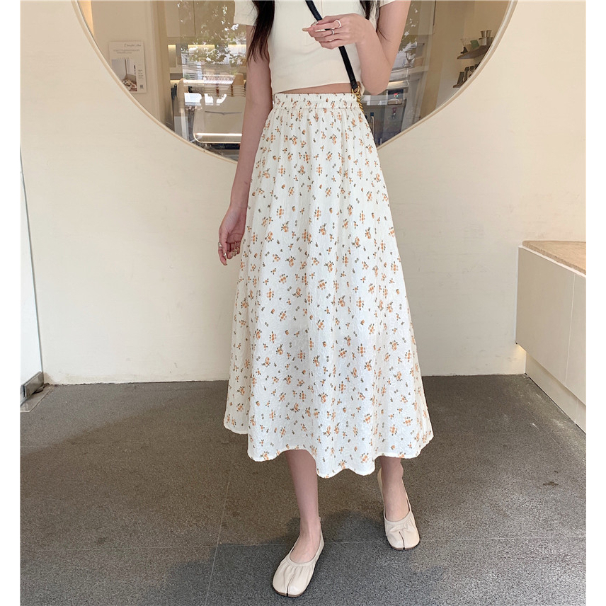 ZHELIHANGFEI Chân Váy Dài Dáng Chữ a Lưng Thun Họa Tiết Hoa Xinh Xắn Cho Nữ
