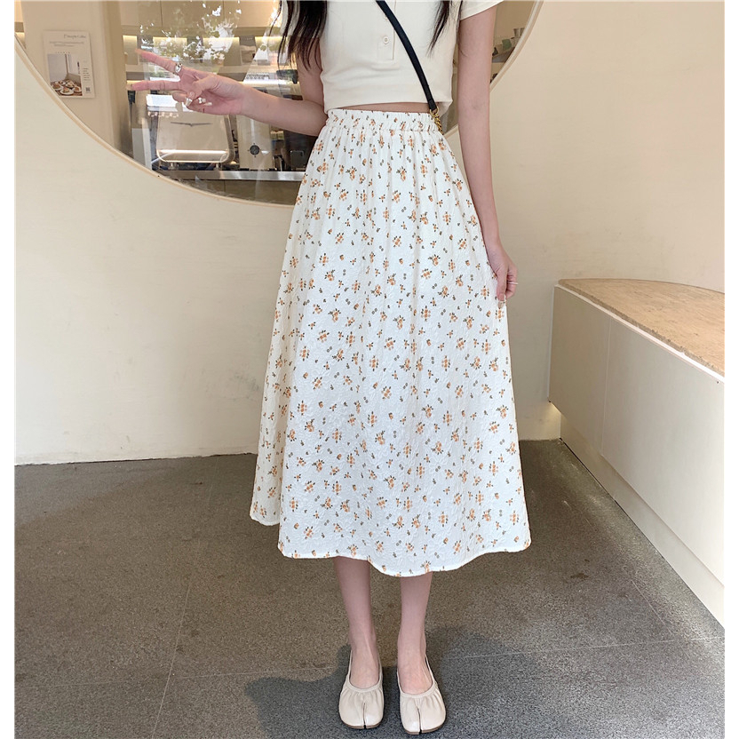 ZHELIHANGFEI Chân Váy Dài Dáng Chữ a Lưng Thun Họa Tiết Hoa Xinh Xắn Cho Nữ