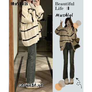 Mushiqi Áo sweater Dệt Kim Tay Dài Dáng Rộng Họa Tiết Kẻ Sọc Màu Tương Phản Phong Cách retro Dành Cho Nữ