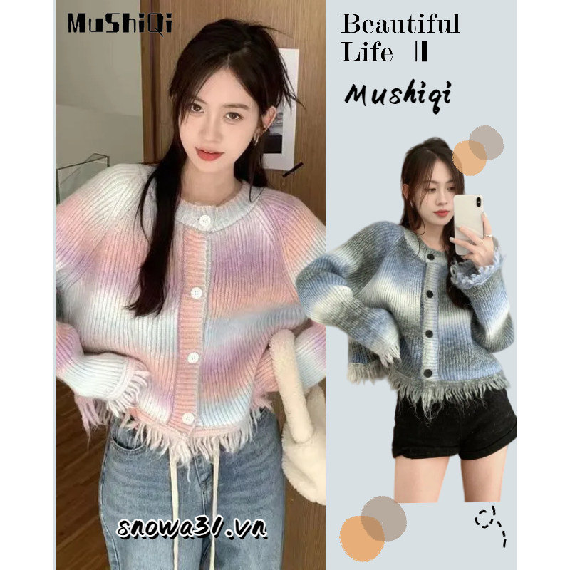 Mushiqi Áo Khoác cardigan Dệt Kim Màu Sắc Cầu Vồng Tương Phản Phong Cách retro Dành Cho Nữ