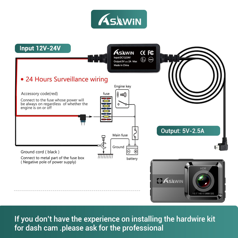 Asawin Bộ Cầu Chì Sạc Xe Hơi Cho dash cam mini usb micro type-c 5v 2.5a