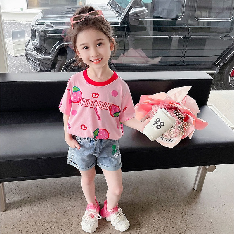 Áo Thun Tay Ngắn In Hình Quả Dâu Dễ Thương Cho Bé Gái Áo thun tay ngắn cho bé gái