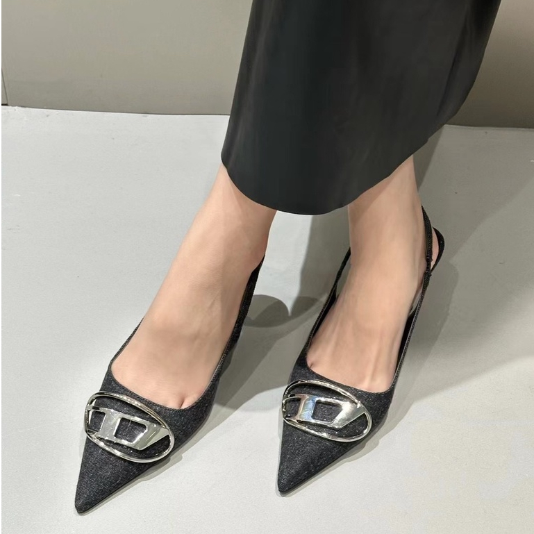 Hong Kong Premium shoes❥Giày Cao Gót Mũi Nhọn Chất Liệu denim Thời Trang Cho Nữ