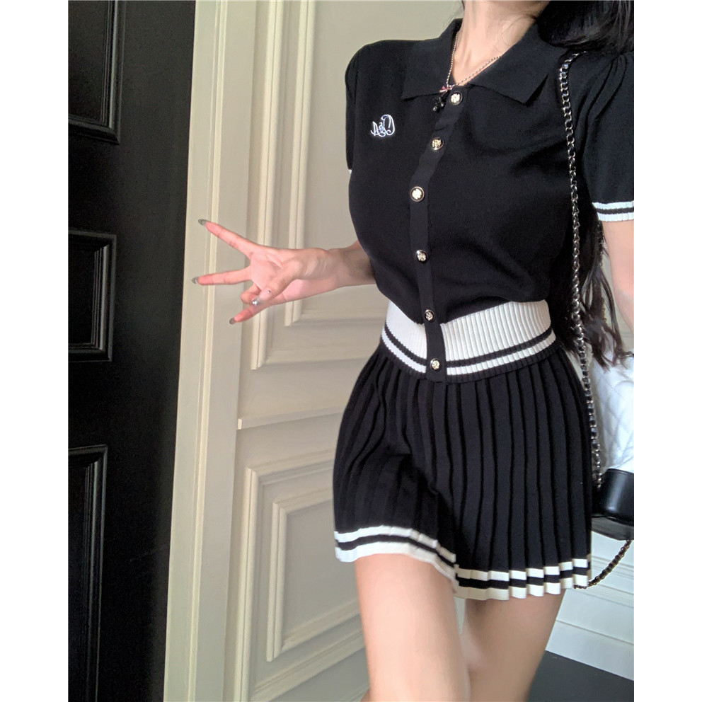 ZHELIHANGFEI Bộ Áo Sweater Ngắn Tay + Chân Váy Xếp Ly Mùa Hè Phong Cách Preppy