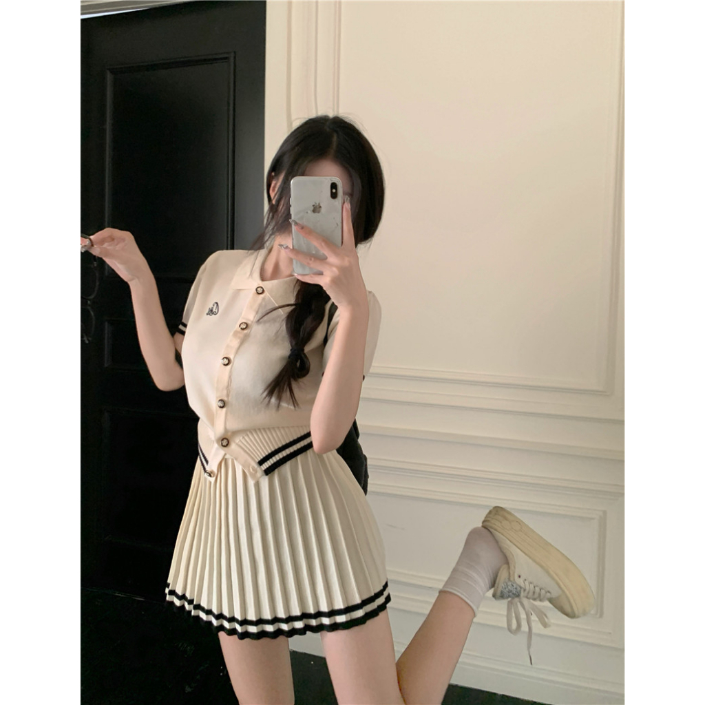 ZHELIHANGFEI Bộ Áo Sweater Ngắn Tay + Chân Váy Xếp Ly Mùa Hè Phong Cách Preppy