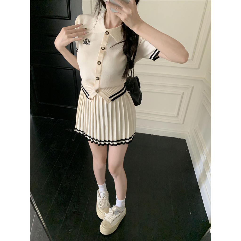 ZHELIHANGFEI Bộ Áo Sweater Ngắn Tay + Chân Váy Xếp Ly Mùa Hè Phong Cách Preppy