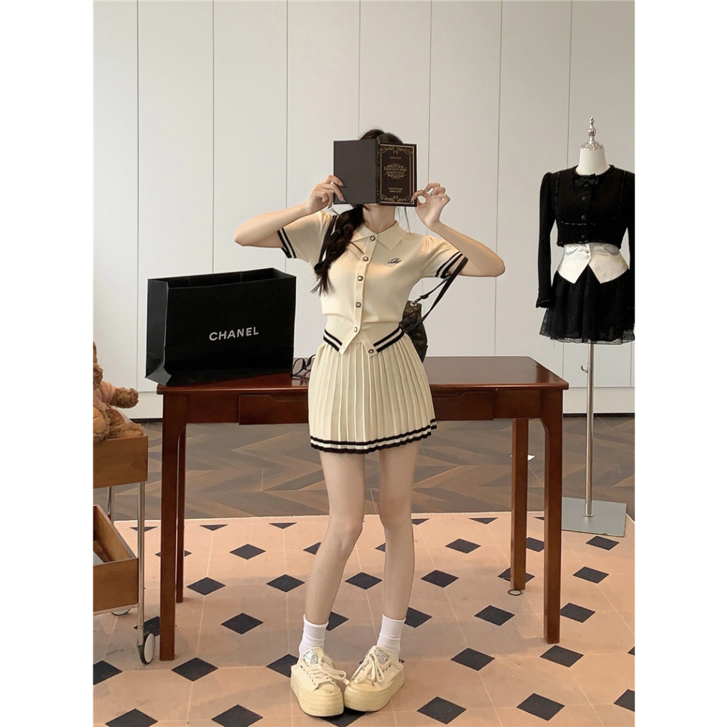 ZHELIHANGFEI Bộ Áo Sweater Ngắn Tay + Chân Váy Xếp Ly Mùa Hè Phong Cách Preppy