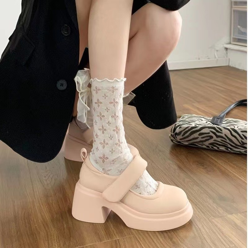 Giày Cao Gót Da Quai Dán Phong Cách Retro Mary Jane Cute