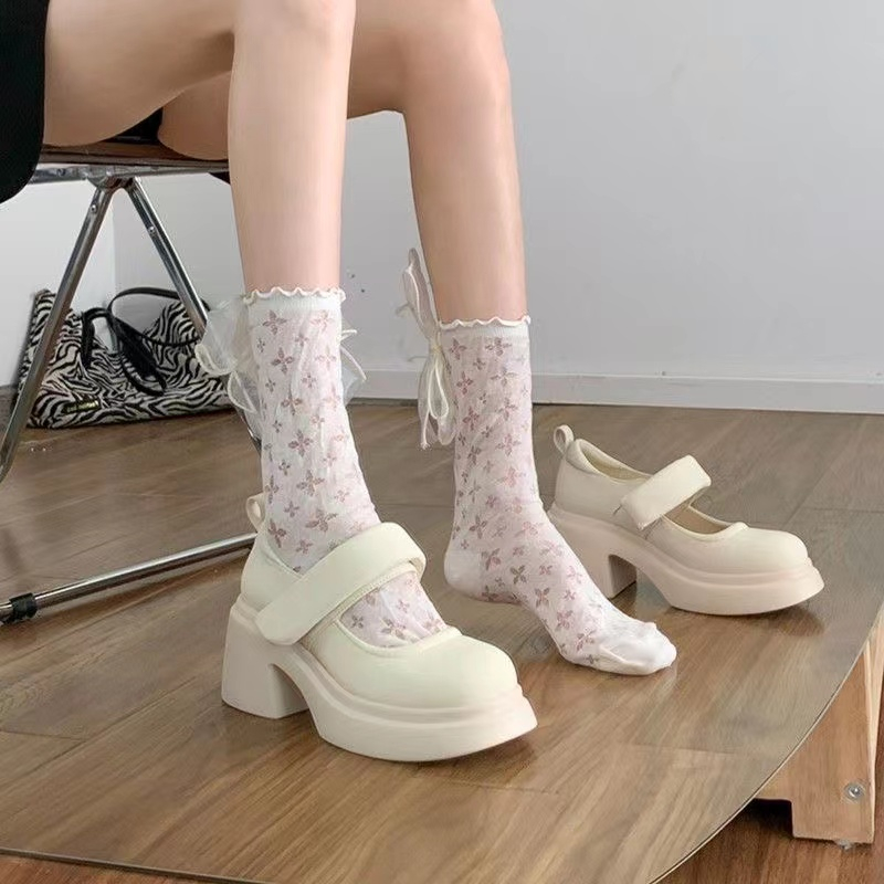 Giày Cao Gót Da Quai Dán Phong Cách Retro Mary Jane Cute