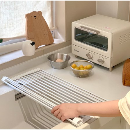 Giá Để Chậu Bồn Rửa Bát - Kệ xếp gọn để đồ rửa chén gác lên bồn rửa Thép Không Gỉ Silicone Đa Năng Thoát Nước Cho Quầy Bếp