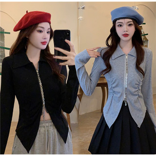 NZN Áo nữ mùa thu, màu trơn mỏng, thiết kế có khóa kéo, áo thun dài tay cổ polo