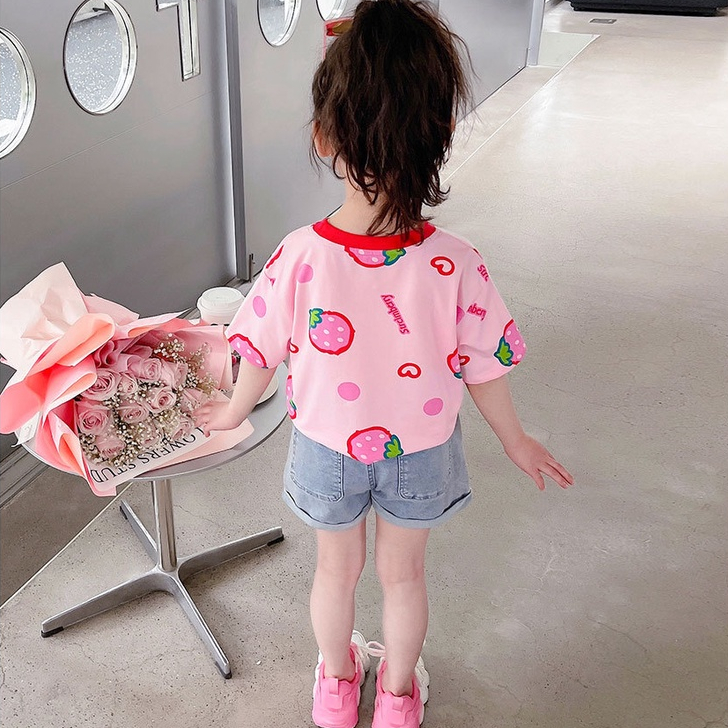 Áo Thun Tay Ngắn In Hình Quả Dâu Dễ Thương Cho Bé Gái Áo thun tay ngắn cho bé gái