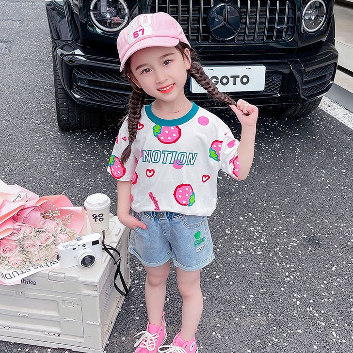 Áo Thun Tay Ngắn In Hình Quả Dâu Dễ Thương Cho Bé Gái Áo thun tay ngắn cho bé gái