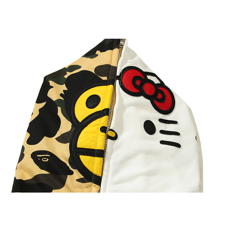 Bape Áo Khoác hoodie Vải cotton In Hình Mèo kitty Phối Khóa Kéo Phong Cách unisex