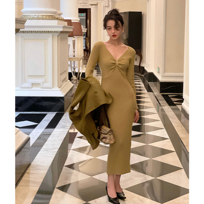 SUXI Đầm Dệt Kim Tay Dài Cổ Chữ V Dáng Ôm Phong Cách Vintage Dành Cho Nữ