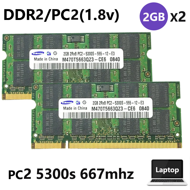 Dành Cho samsung 2GB / 4GB (2pcs 2GB) PC2 5300s PC2 6400s DDR2 667mhz 800mhz 200Pin SODIMM RAM Lapto