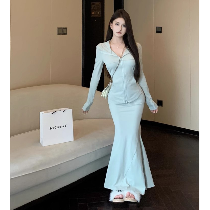 Bộ Áo Khoác Hoodie Dài Tay Có Khóa Kéo Đôi + Chân Váy Đuôi Cá Eo Cao Thời Trang Nữ se