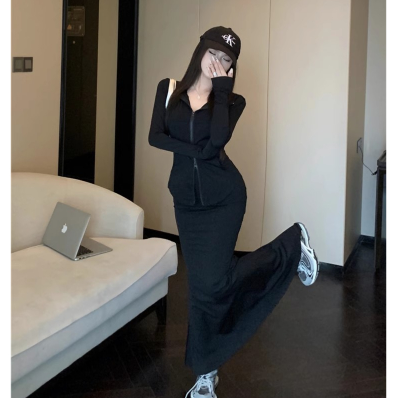 Bộ Áo Khoác Hoodie Dài Tay Có Khóa Kéo Đôi + Chân Váy Đuôi Cá Eo Cao Thời Trang Nữ se