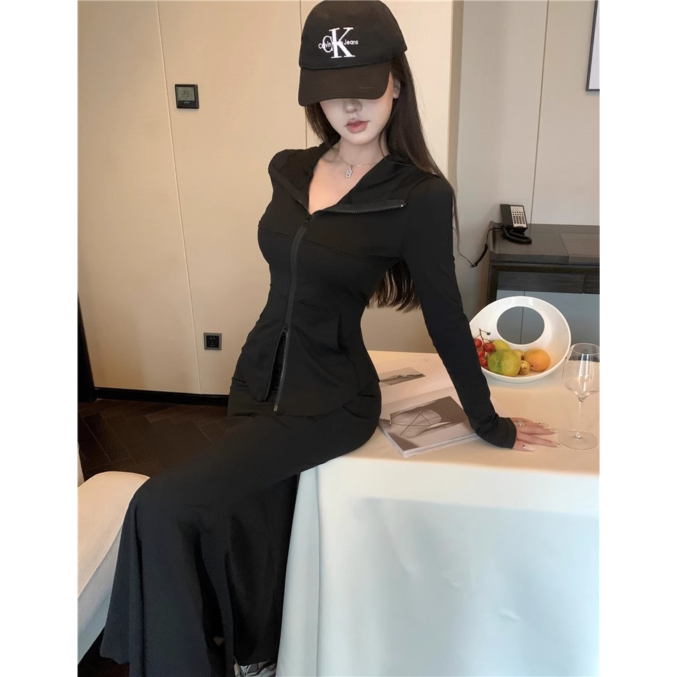 Bộ Áo Khoác Hoodie Dài Tay Có Khóa Kéo Đôi + Chân Váy Đuôi Cá Eo Cao Thời Trang Nữ se
