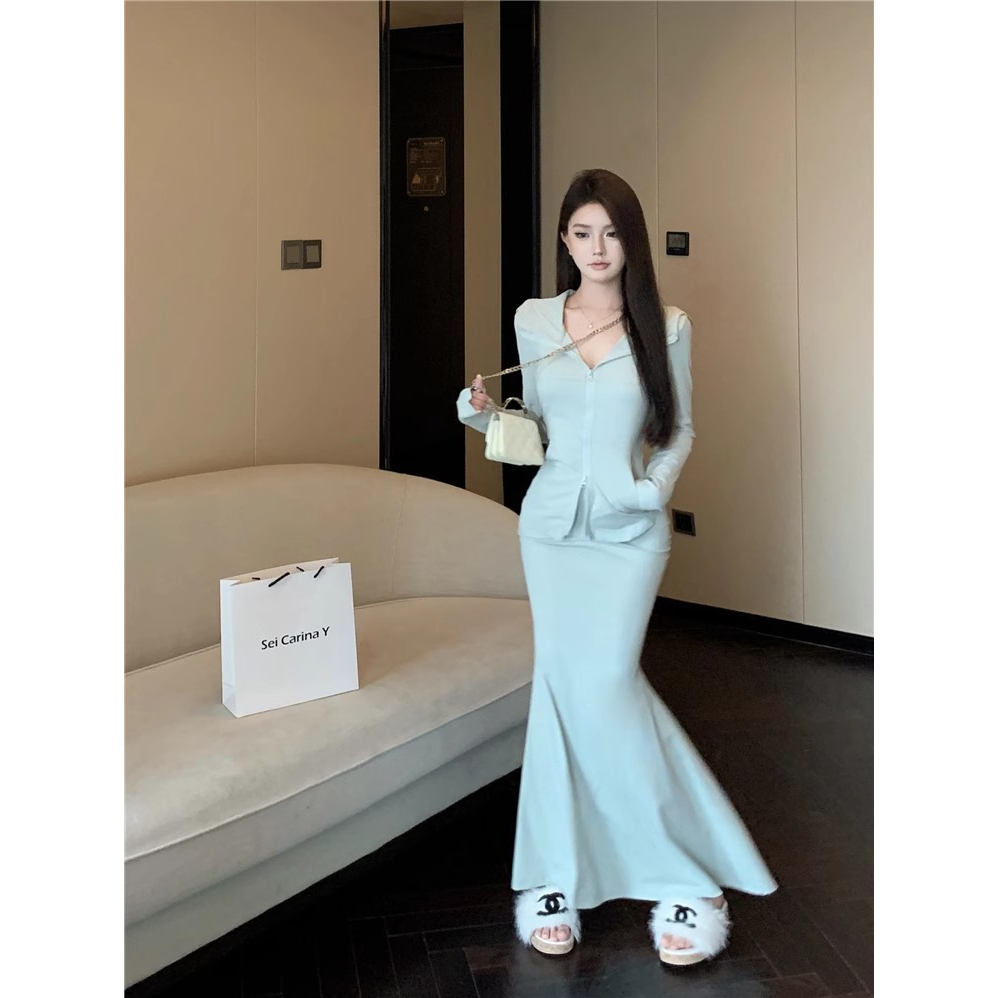 Bộ Áo Khoác Hoodie Dài Tay Có Khóa Kéo Đôi + Chân Váy Đuôi Cá Eo Cao Thời Trang Nữ se