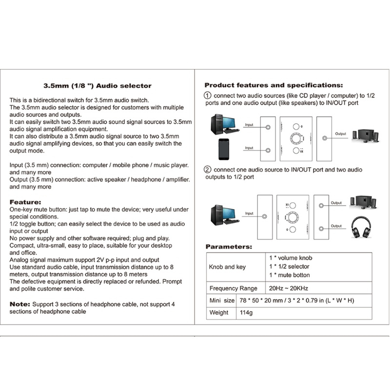 Bộ Chuyển Đổi Âm Thanh 2 Đầu Vào 1 Ra / 1 Ra 2 Đầu Ra 3.5mm