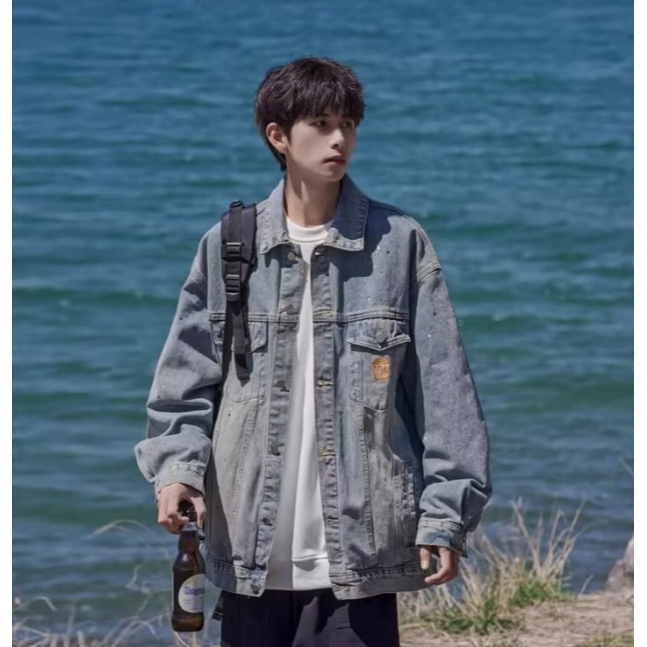 ✦AFFLIGA✦ Áo Khoác Jean In Họa Tiết Mực In Phong Cách retro Mỹ Thời Trang Mùa Thu Mới Dành Cho Nam