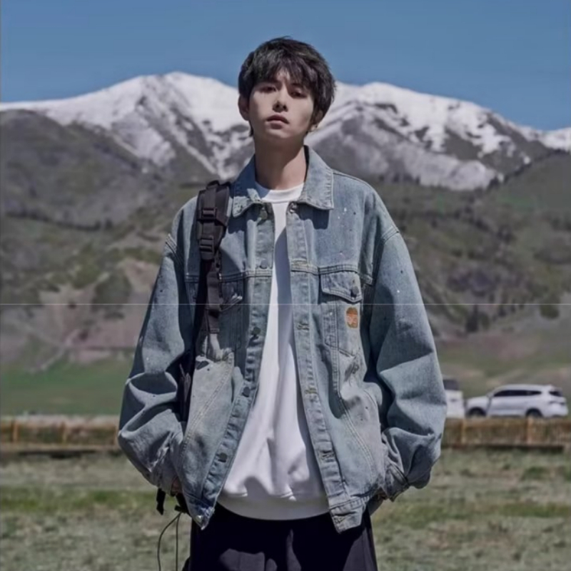 ✦AFFLIGA✦ Áo Khoác Jean In Họa Tiết Mực In Phong Cách retro Mỹ Thời Trang Mùa Thu Mới Dành Cho Nam