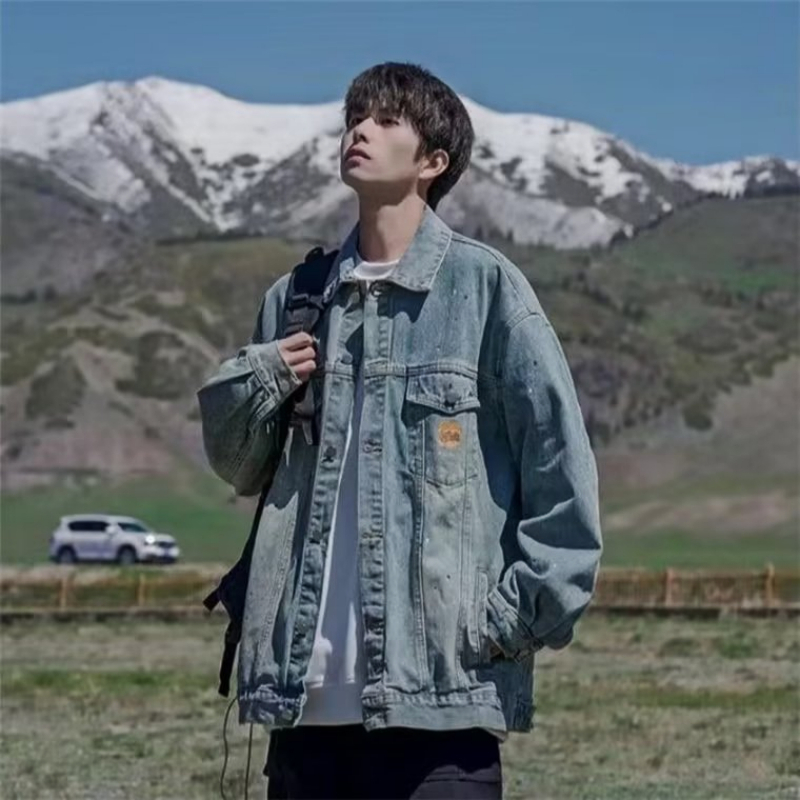✦AFFLIGA✦ Áo Khoác Jean In Họa Tiết Mực In Phong Cách retro Mỹ Thời Trang Mùa Thu Mới Dành Cho Nam
