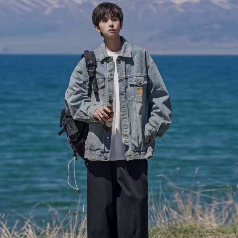 ✦AFFLIGA✦ Áo Khoác Jean In Họa Tiết Mực In Phong Cách retro Mỹ Thời Trang Mùa Thu Mới Dành Cho Nam