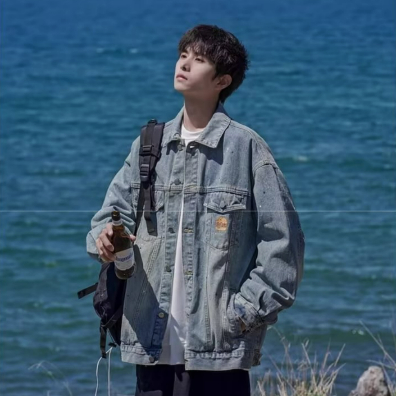 ✦AFFLIGA✦ Áo Khoác Jean In Họa Tiết Mực In Phong Cách retro Mỹ Thời Trang Mùa Thu Mới Dành Cho Nam