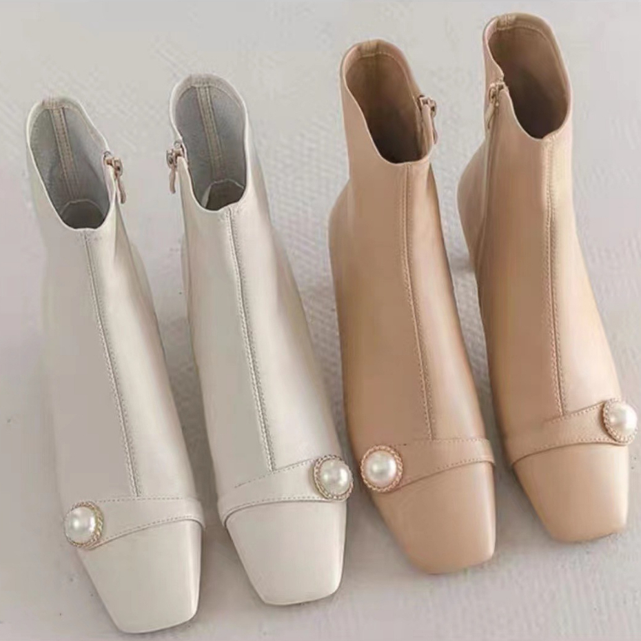 Hong Kong Premium shoes❥Giày Bốt Cao Gót Đính Ngọc Trai Giả Lót Nhung Thời Trang Thu Đông Cá Tính