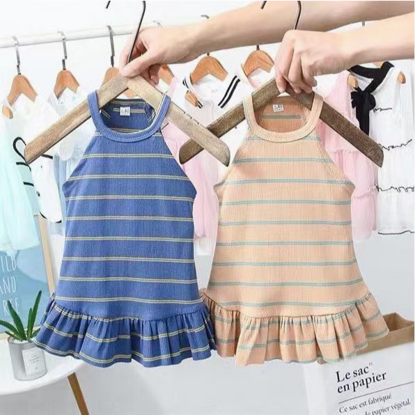 Đầm hai dây đi biển co giãn kẻ sọc phong cách mùa hè Hàn Quốc cho bé gái