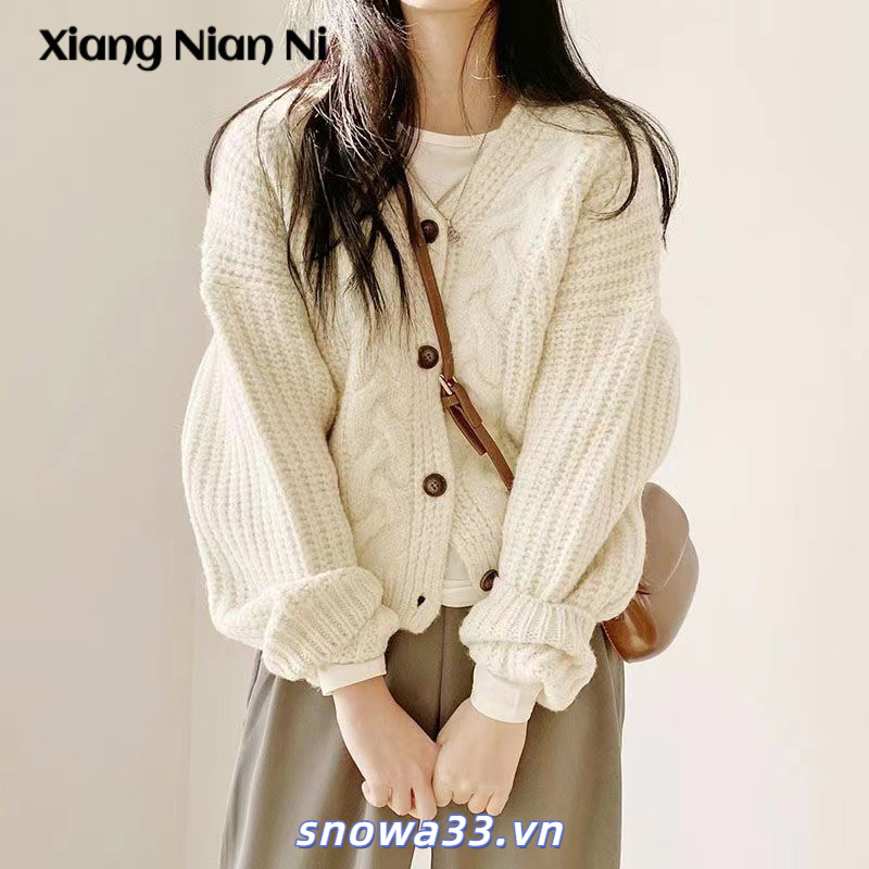 Xiang Nian Ni Áo Khoác cardigan Dài Tay Dáng Rộng Cổ Chữ V Cài Một Hàng Nút Cỡ Lớn Phong Cách retro Hàn Quốc Mùa Thu