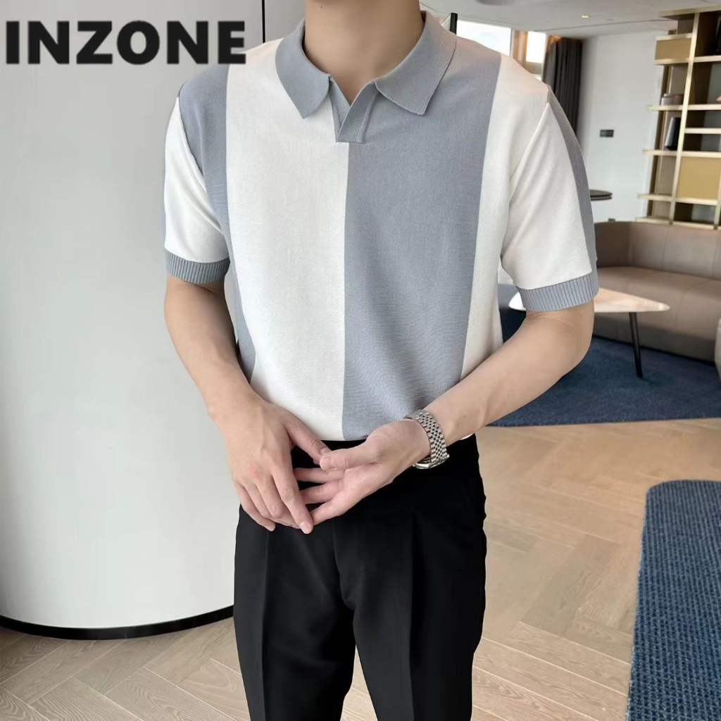 Áo Thun polo Dệt Kim Ngắn Tay Ôm Dáng Phối Màu Tương Phản Thời Trang Cho Nam
