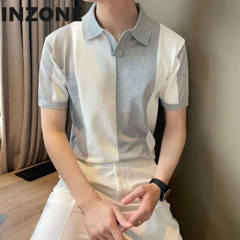 Áo Thun polo Dệt Kim Ngắn Tay Ôm Dáng Phối Màu Tương Phản Thời Trang Cho Nam
