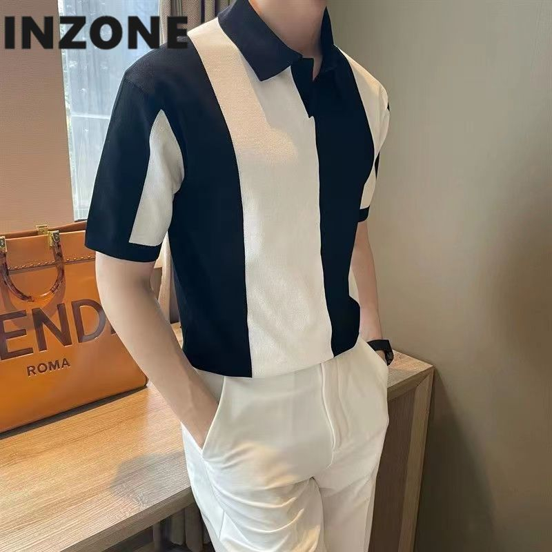 Áo Thun polo Dệt Kim Ngắn Tay Ôm Dáng Phối Màu Tương Phản Thời Trang Cho Nam