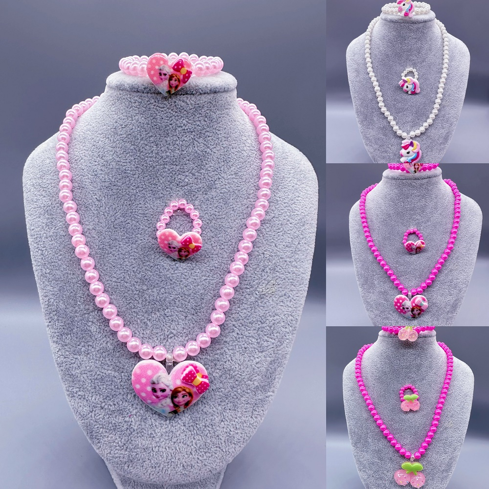 Bộ Trang Sức 3 Món Đính Ngọc Trai Nhân Tạo Kiểu Hoạt Hình Công Chúa Dễ Thương Cho Bé Gái