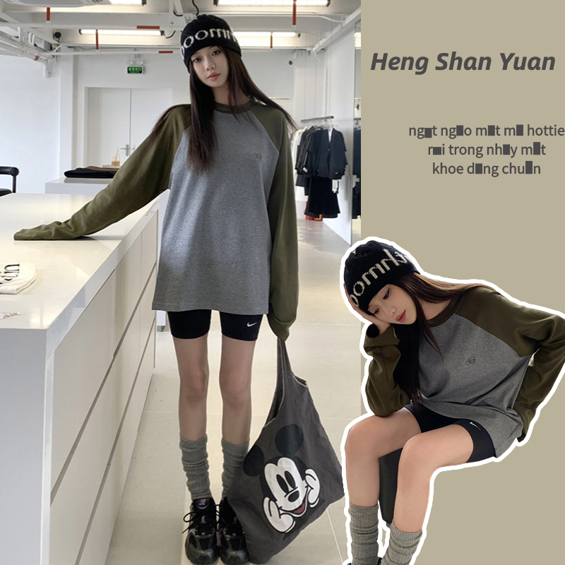 Áo Thun raglan Tay Dài Dáng Rộng Phối Màu Tương Phản Thời Trang Mùa Thu Kiểu Mỹ Cho Nữ