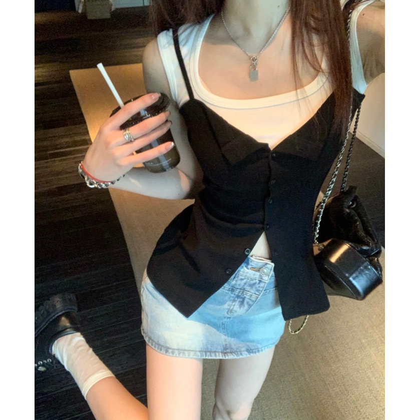 ZHELIHANGFEI Áo Hai Dây Dáng Ôm Ngắn Xẻ Tà Phối Nút Thời Trang Cho Nữ